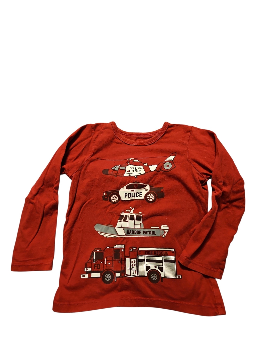 Red Kids Long-Sleeve Rescue Vehicles Tee Size 3t Police Fire Truck